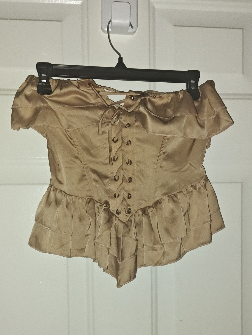 Forever 21 Satin Lace-Up Off-Shoulder Crop Top - Tan